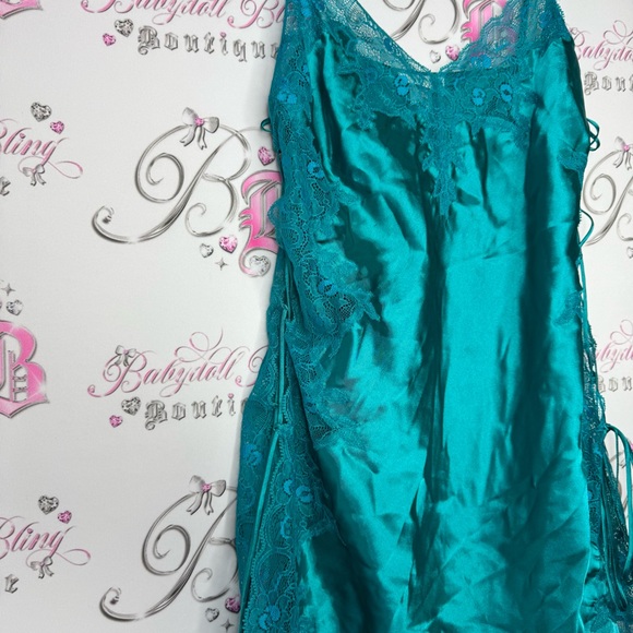 La senza dress babydoll lace corset tie up sides shimmer Teal Satin Chemise - Picture 12 of 15